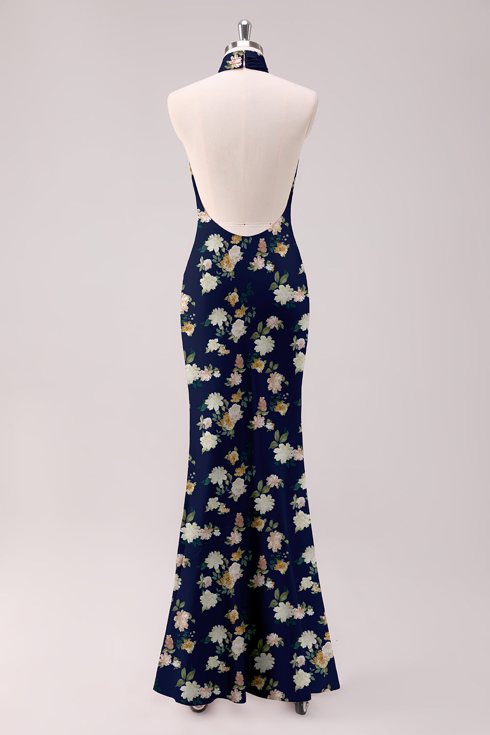 Sage White Flower Mermaid Halter Open Back Floor Length Satin Print Bridesmaid Dress