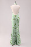 Sage White Flower Mermaid Halter Open Back Floor Length Satin Print Bridesmaid Dress