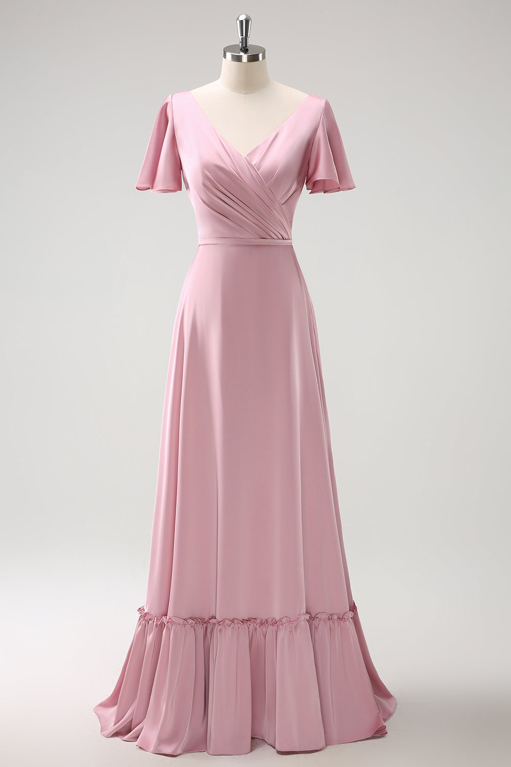 Blush Pink A-Line V Neck Ruffle Sleeves Long Satin Bridesmaid Dress