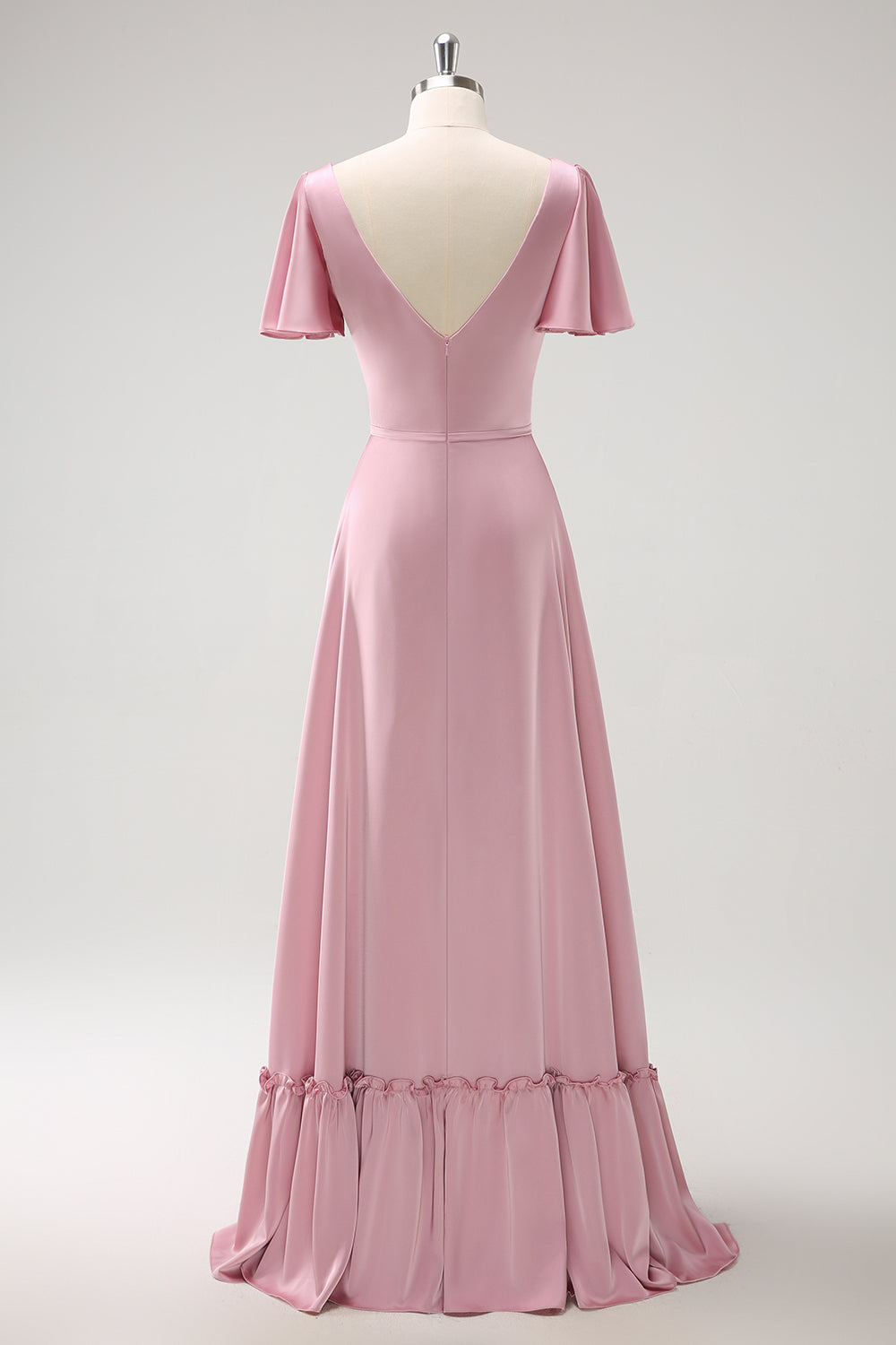 Blush Pink A-Line V Neck Ruffle Sleeves Long Satin Bridesmaid Dress