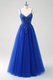 Sparkly Purple A-Line Appliqued Tulle Long Prom Dress with Slit