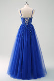 Sparkly Purple A-Line Appliqued Tulle Long Prom Dress with Slit