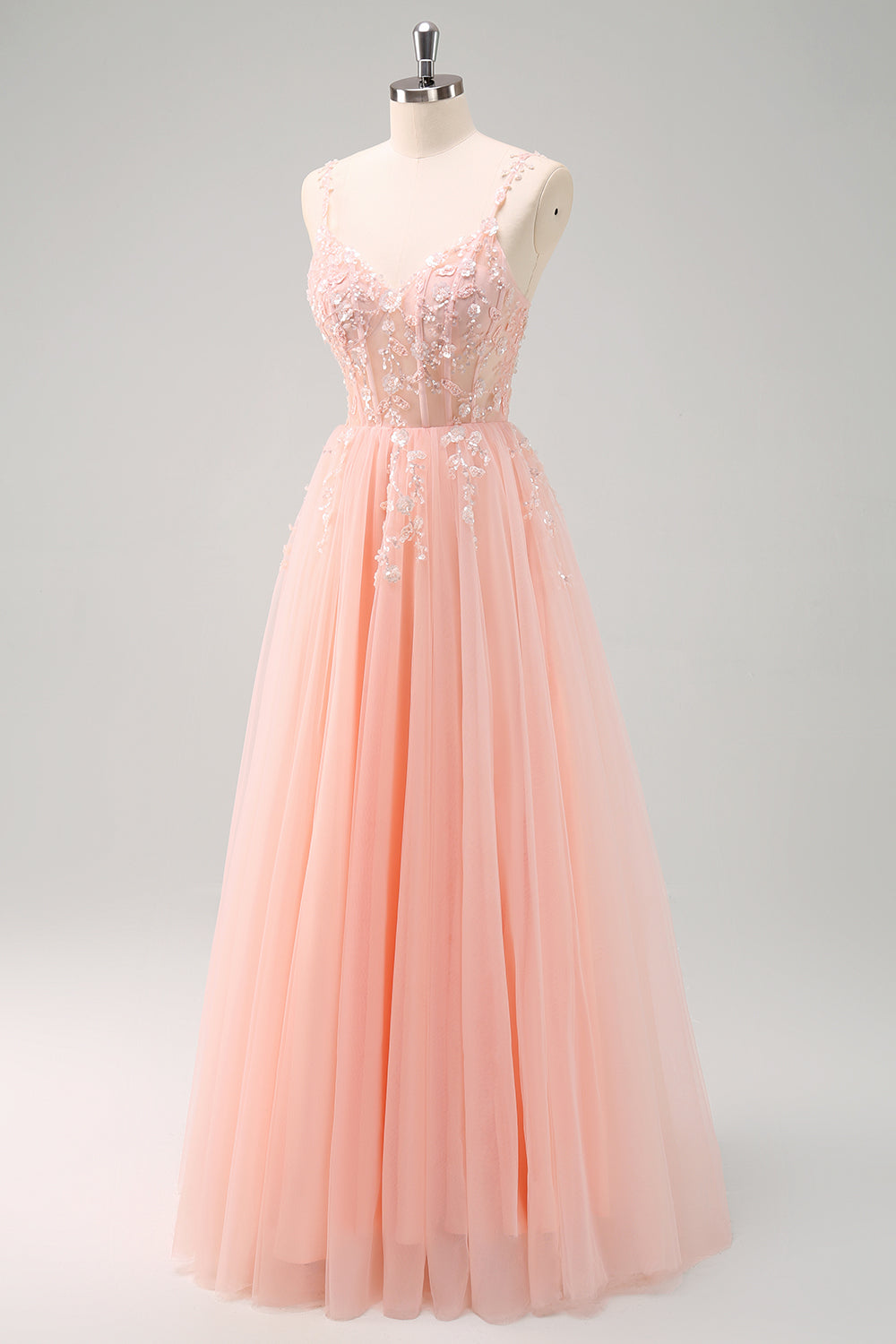 Sparkly Blush A-Line Spaghetti Straps Corset Tulle Long Prom Dress