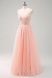 Sparkly Blush A-Line Spaghetti Straps Corset Tulle Long Prom Dress