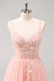 Sparkly Blush A-Line Spaghetti Straps Corset Tulle Long Prom Dress