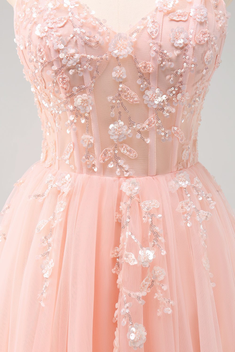 Sparkly Blush A-Line Spaghetti Straps Corset Tulle Long Prom Dress