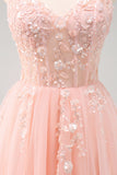 Sparkly Blush A-Line Spaghetti Straps Corset Tulle Long Prom Dress