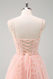 Sparkly Blush A-Line Spaghetti Straps Corset Tulle Long Prom Dress