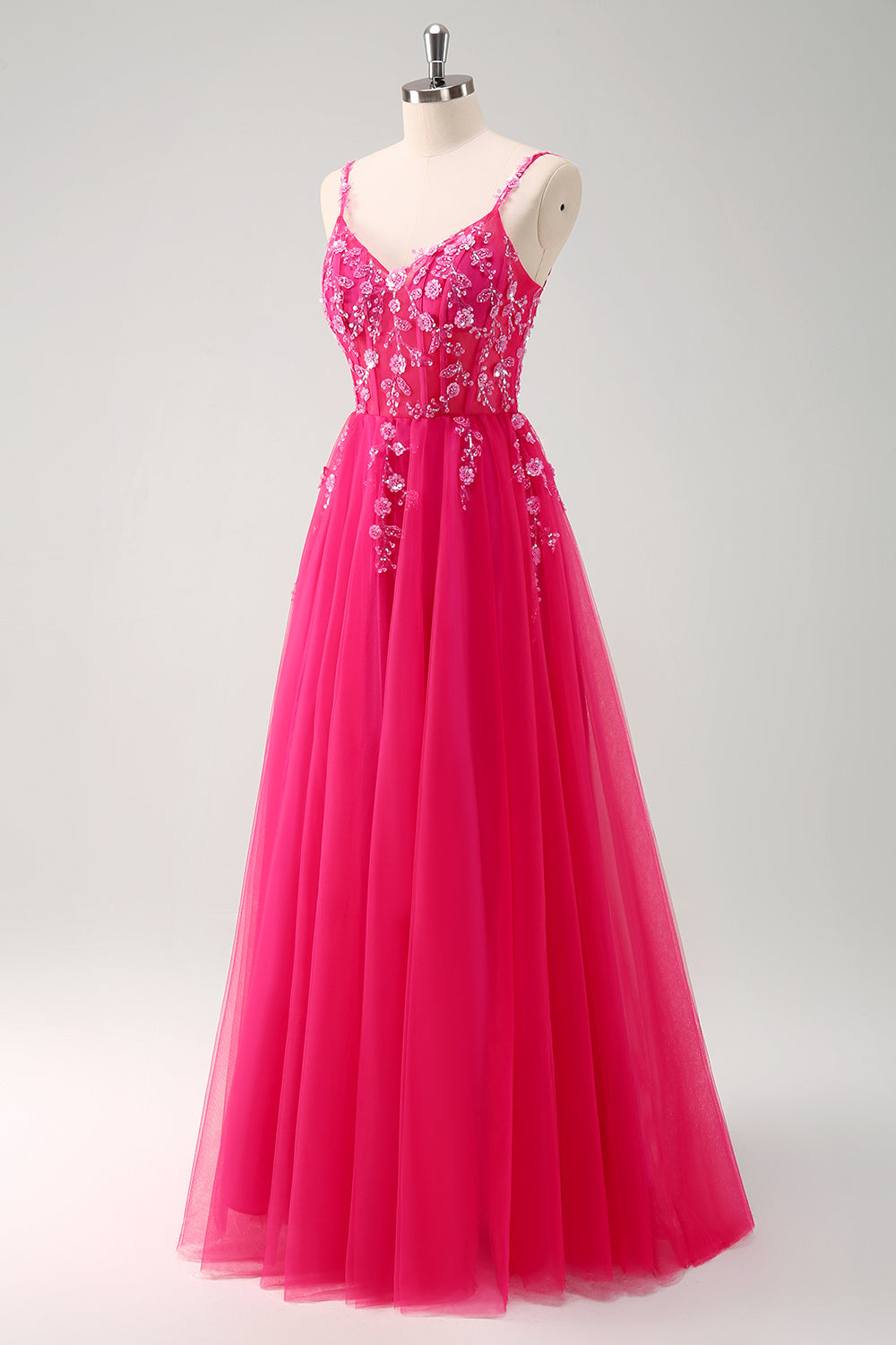 Sparkly Blush A-Line Spaghetti Straps Corset Tulle Long Prom Dress