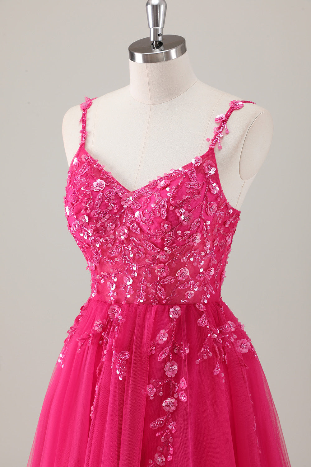 Sparkly Purple A-Line Appliqued Tulle Long Prom Dress with Slit