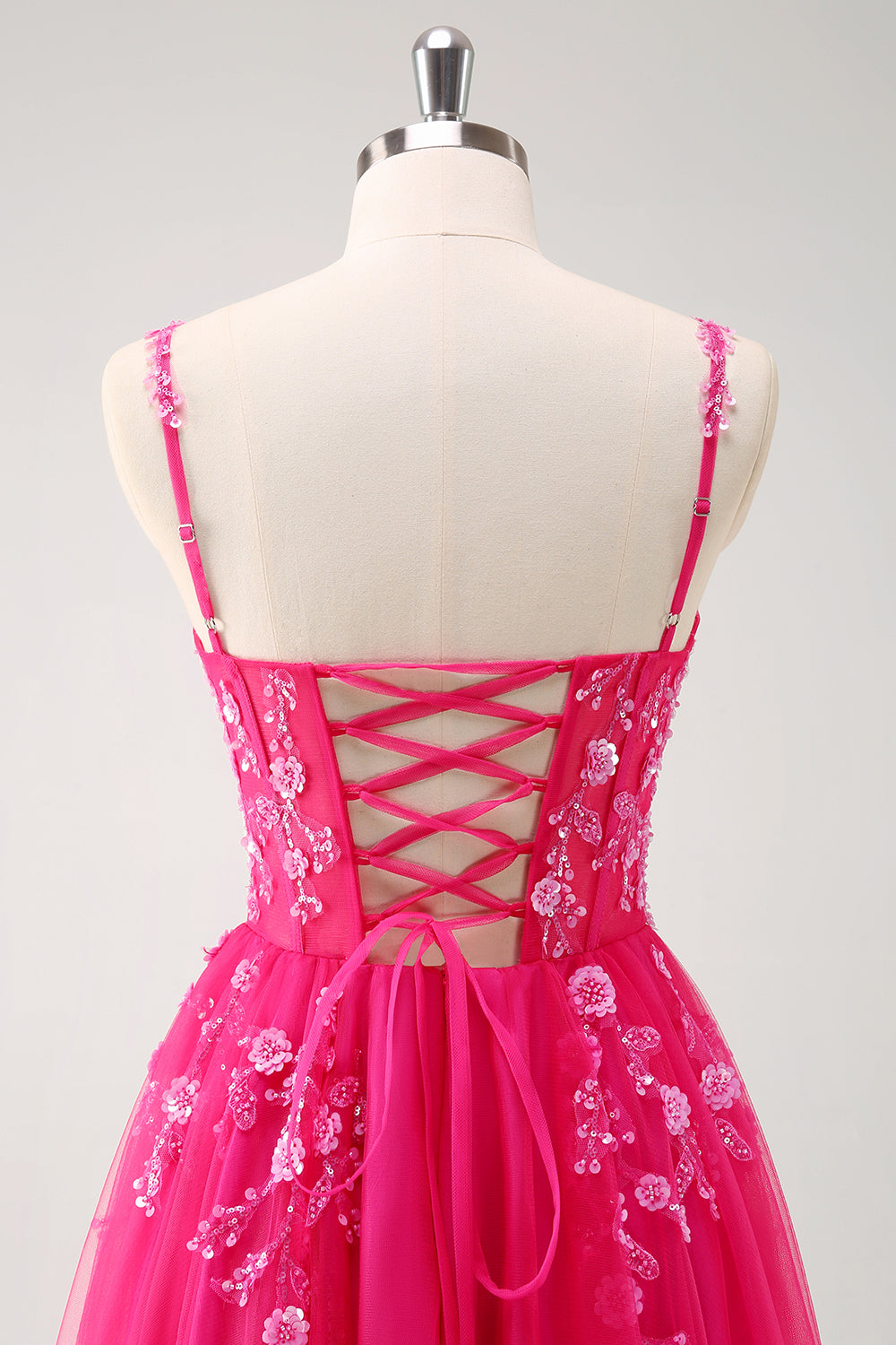 Sparkly Blush A-Line Spaghetti Straps Corset Tulle Long Prom Dress