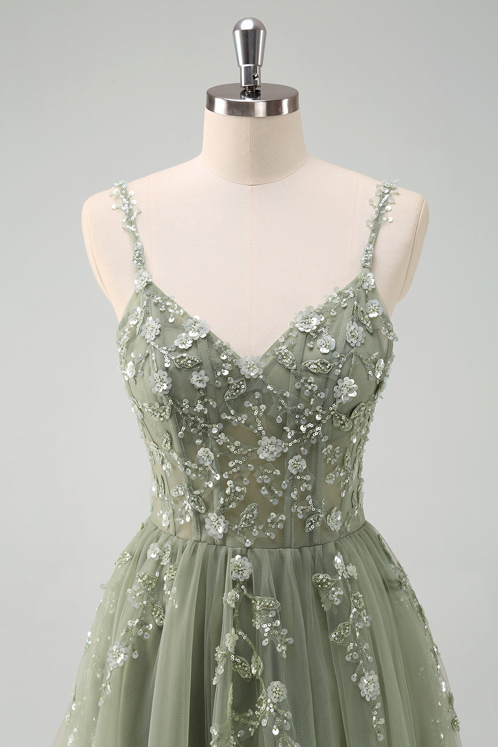 Sparkly Blush A-Line Spaghetti Straps Corset Tulle Long Prom Dress