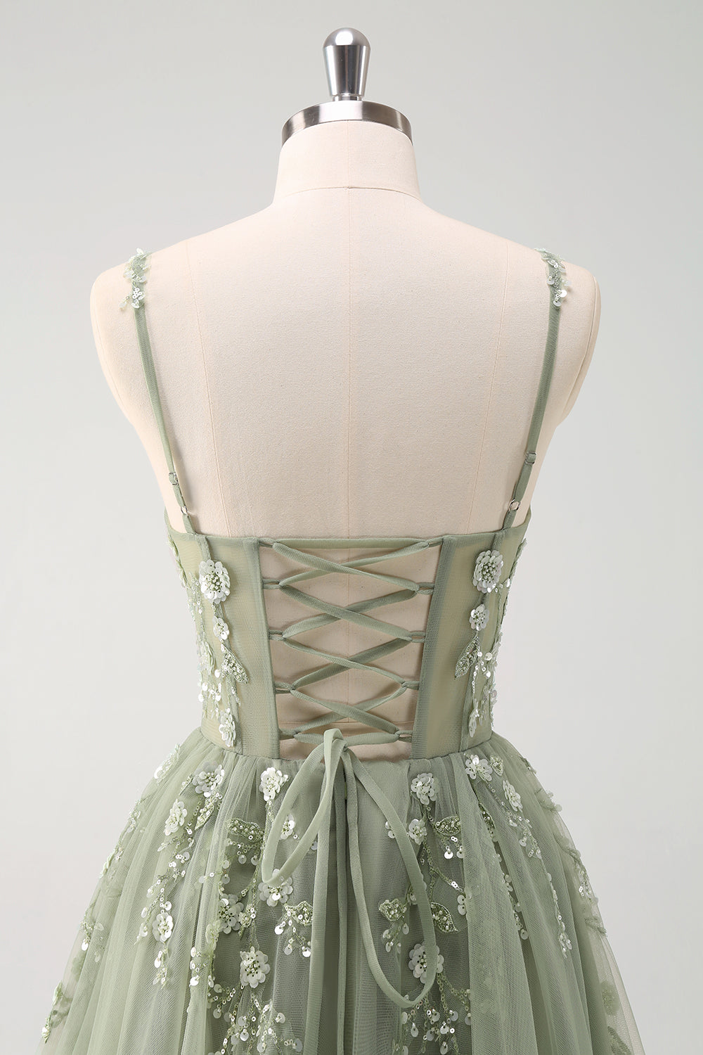 Sparkly Blush A-Line Spaghetti Straps Corset Tulle Long Prom Dress