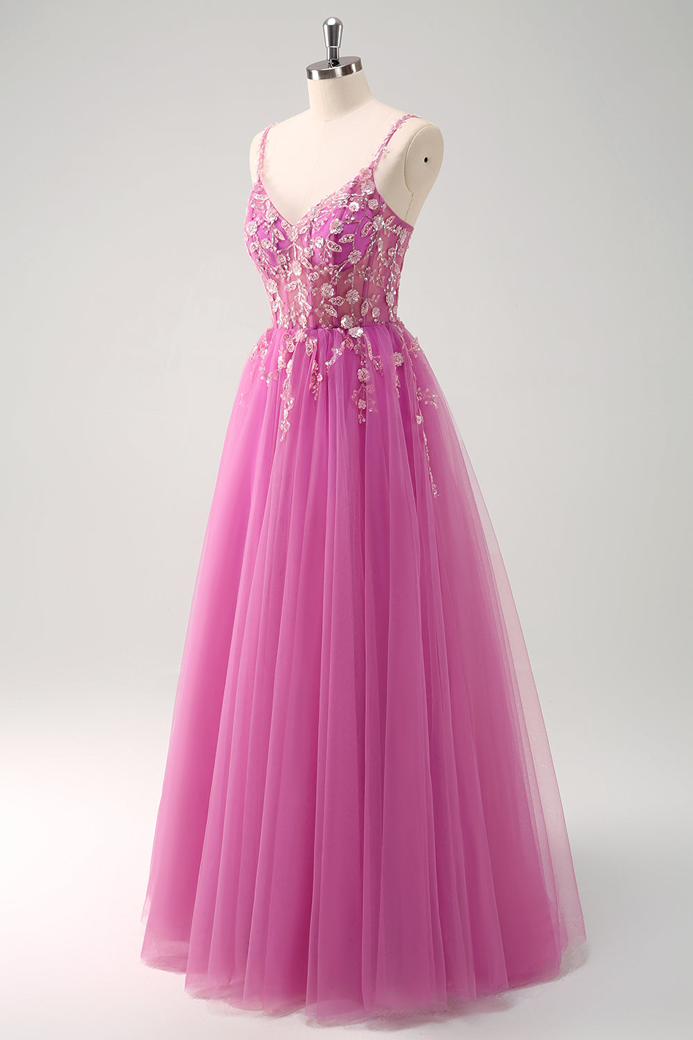 Sparkly Blush A-Line Spaghetti Straps Corset Tulle Long Prom Dress