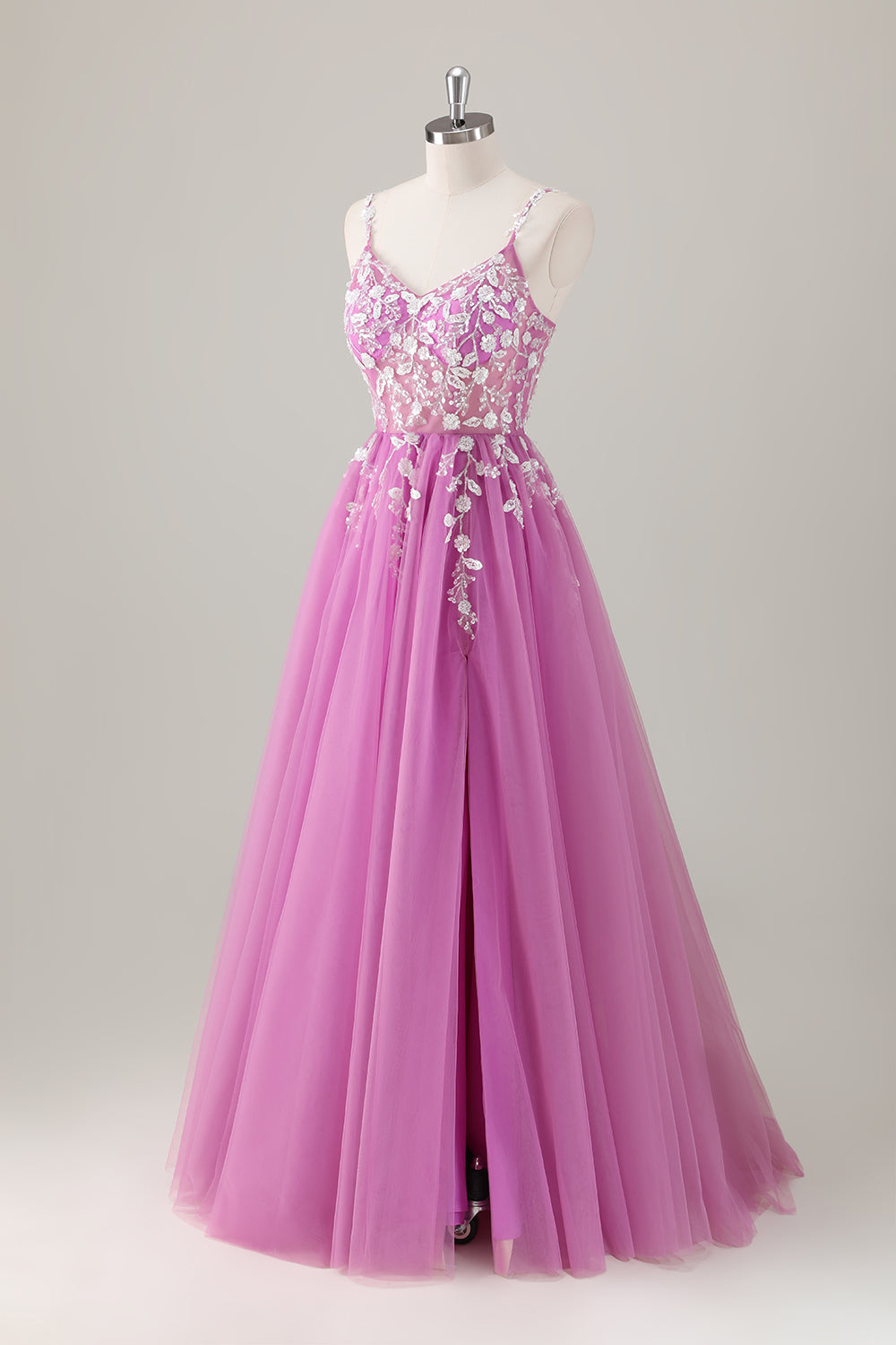 Sparkly Purple A-Line Appliqued Tulle Long Prom Dress with Slit