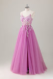 Sparkly Purple A-Line Appliqued Tulle Long Prom Dress with Slit