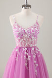 Sparkly Purple A-Line Appliqued Tulle Long Prom Dress with Slit