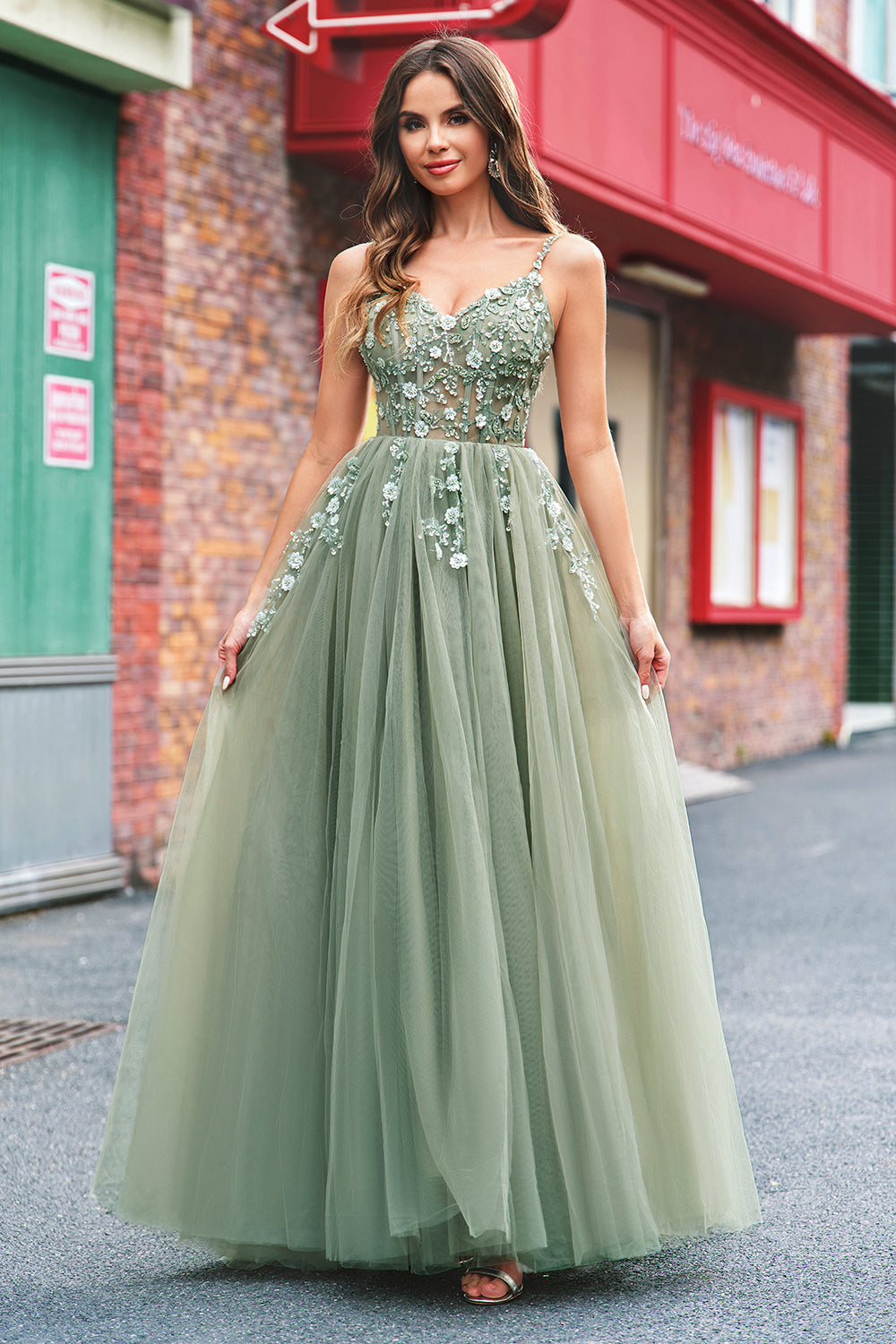 Green A Line Corset Sequin Tulle Long Prom Dress with Lace Up Back