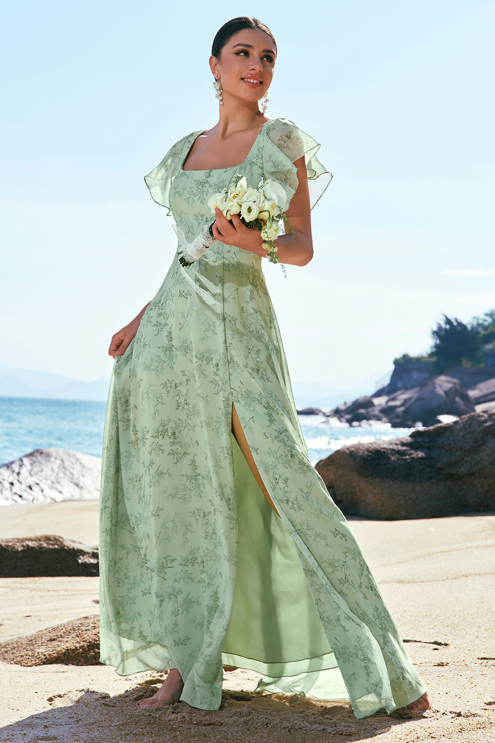 Dusty Sage A-Line Square Neck Print Floral Bridesmaid Dress with Slit