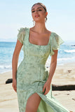 Dusty Sage A-Line Square Neck Print Floral Bridesmaid Dress with Slit