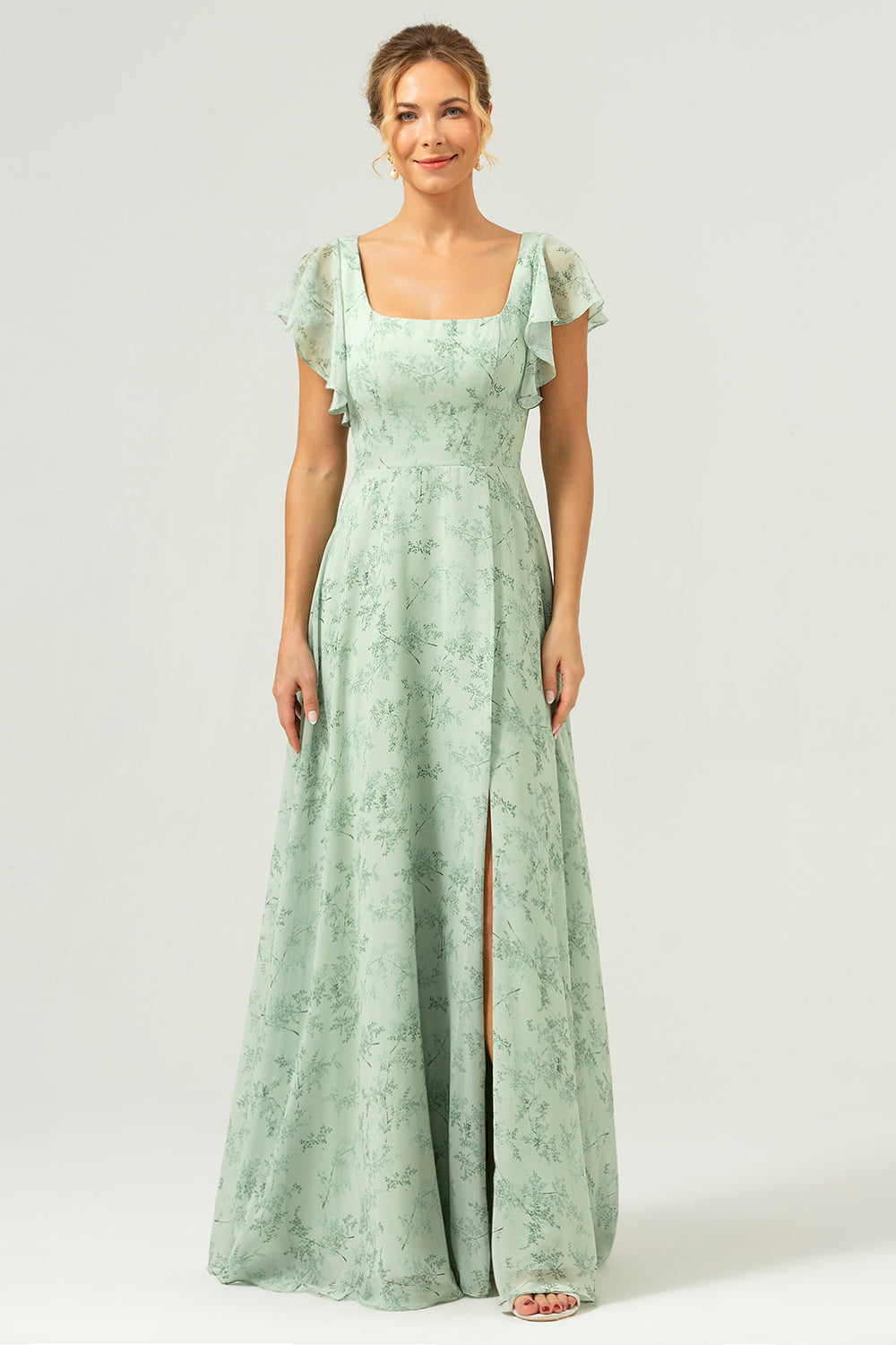 Grey Green A-Line Square Neck Floral Long Bridesmaid Dress with Slit