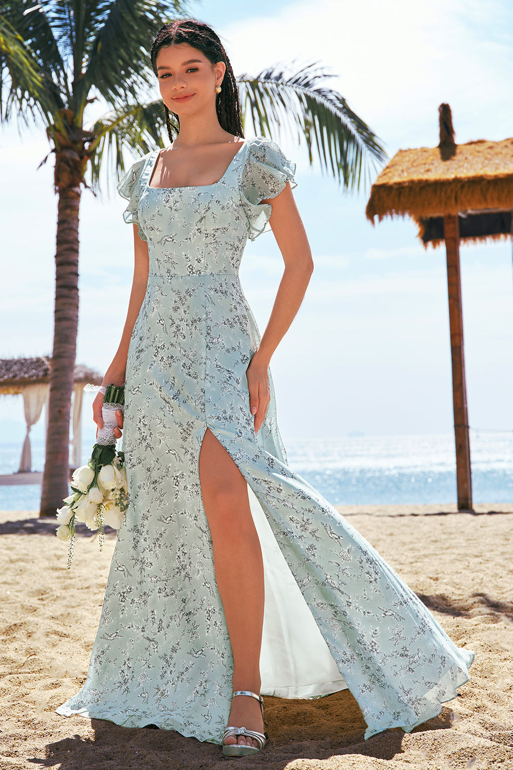Grey Green A-Line Square Neck Floral Long Bridesmaid Dress with Slit