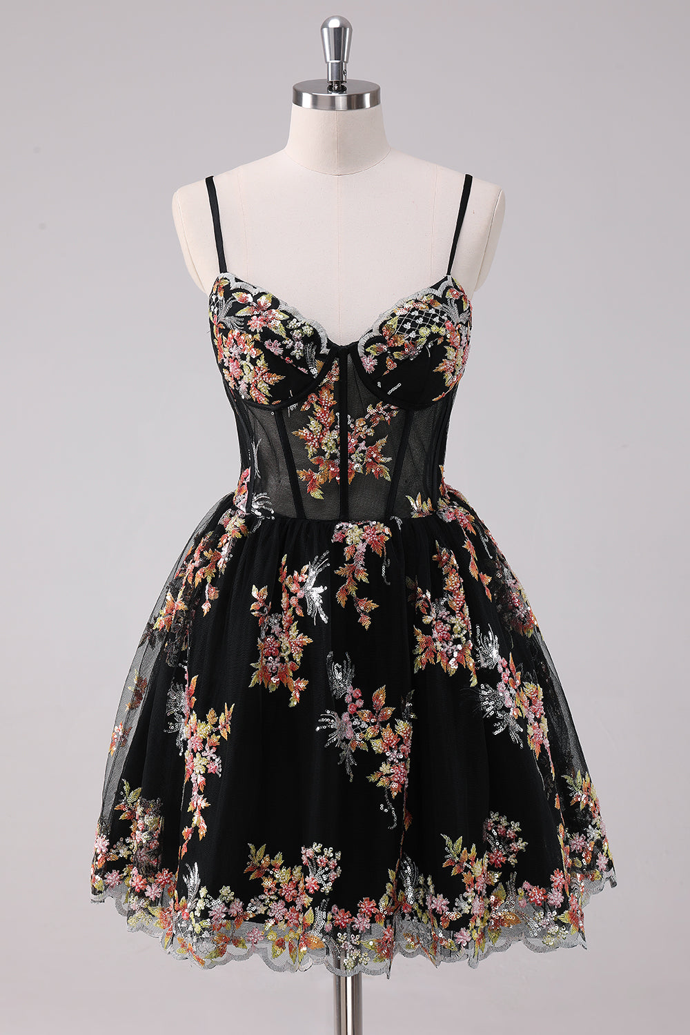 Sparkly A-Line Floral Little Black Dress