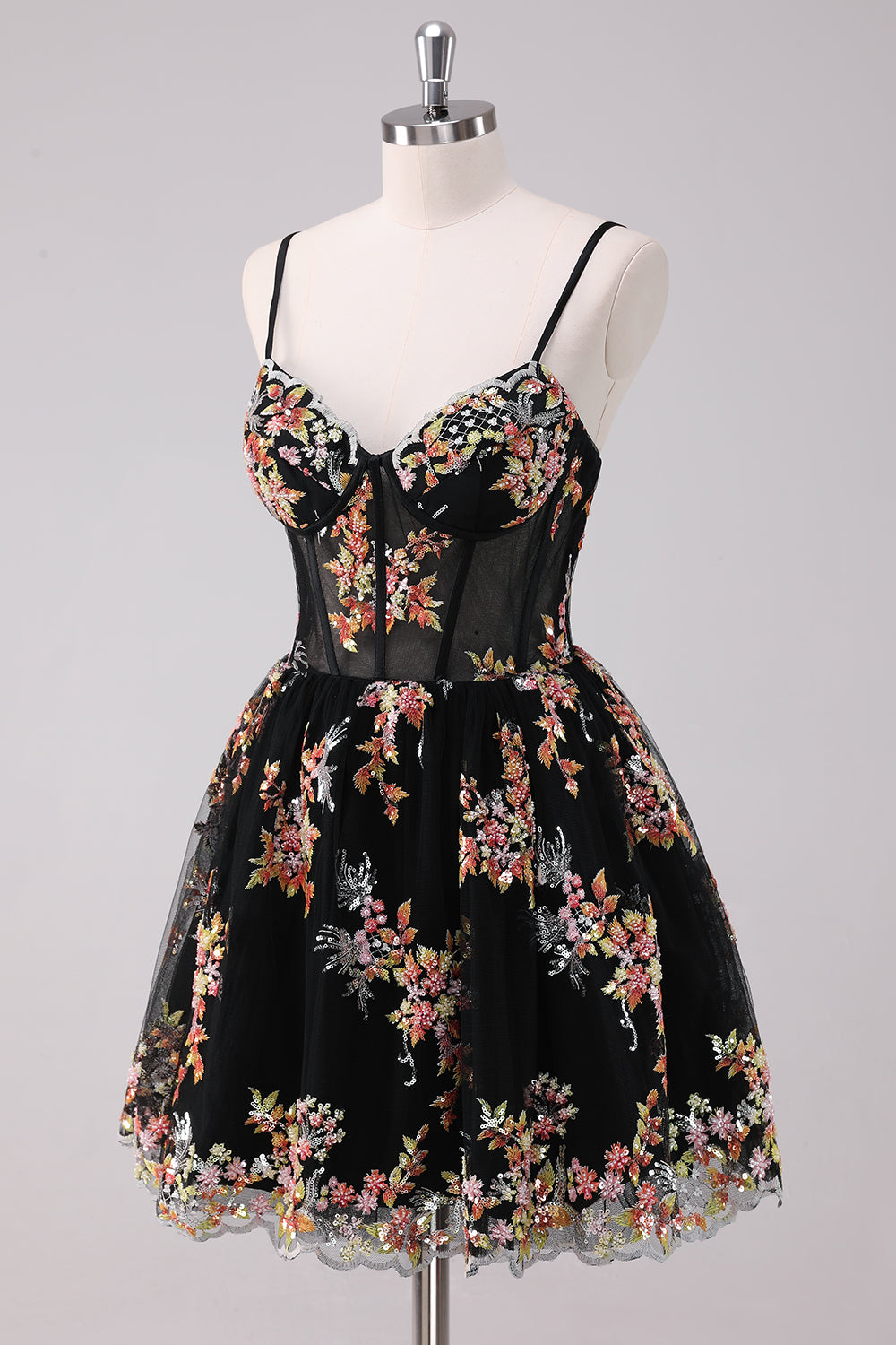 Sparkly A-Line Floral Little Black Dress
