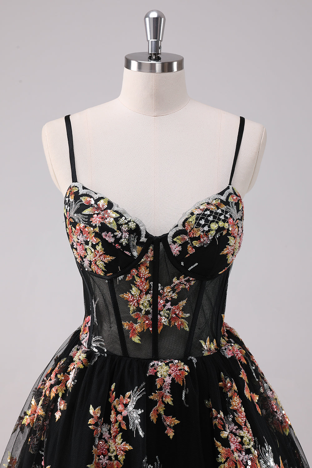 Sparkly A-Line Floral Little Black Dress