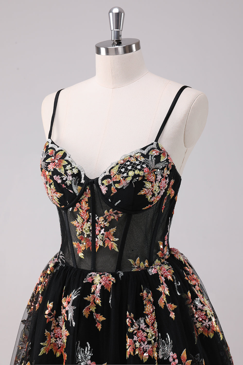 Sparkly A-Line Floral Little Black Dress
