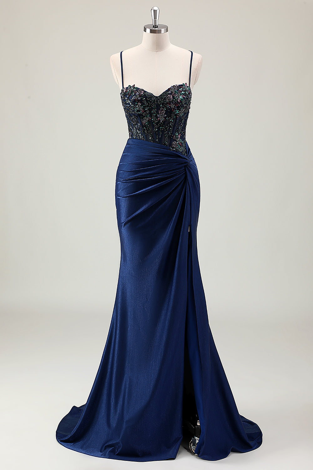 Sparkly Dark Navy Mermaid Sequins Spaghetti Straps Prom Dress with Slit