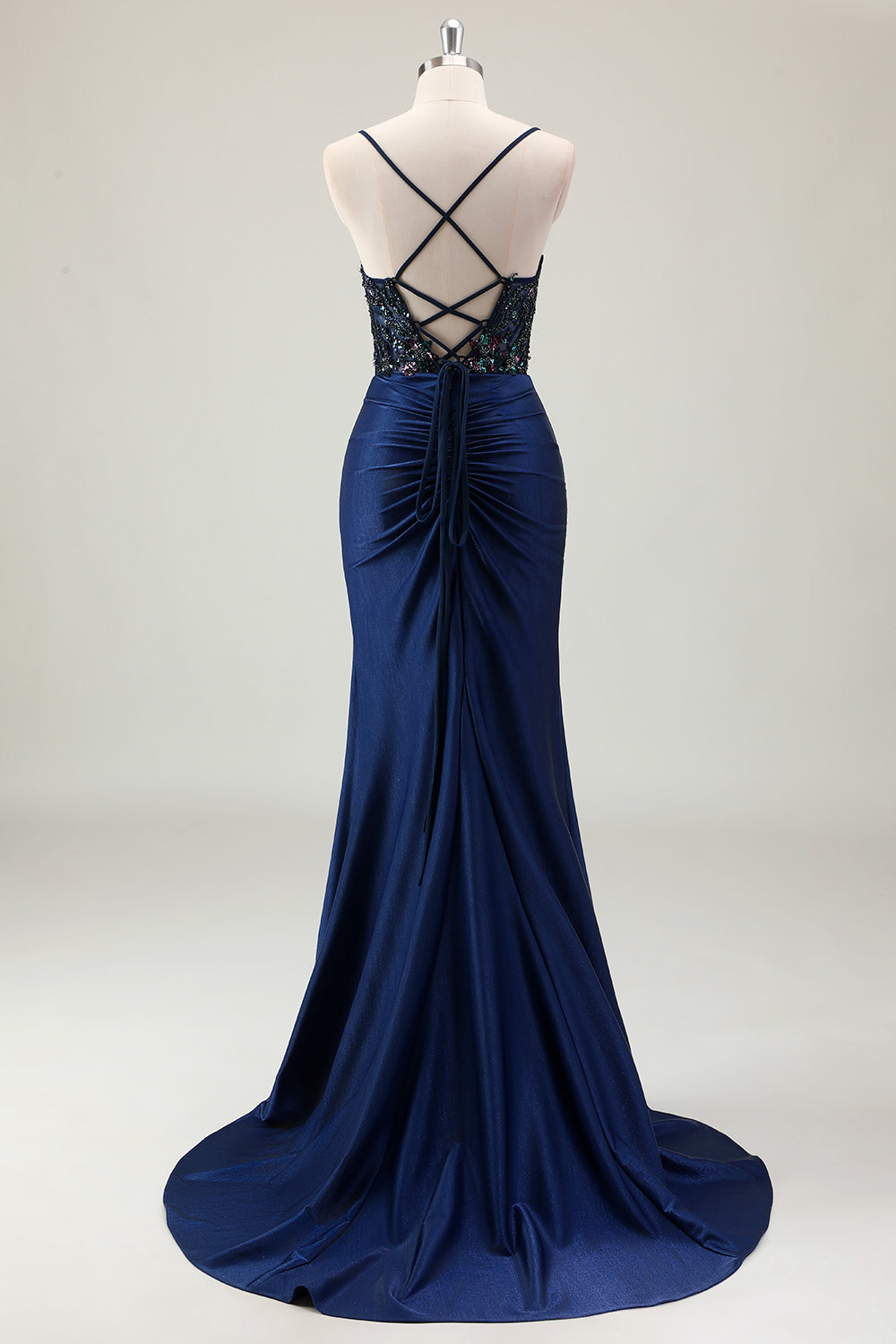 Sparkly Dark Navy Mermaid Sequins Spaghetti Straps Prom Dress with Slit