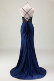 Sparkly Dark Navy Mermaid Sequins Spaghetti Straps Prom Dress with Slit