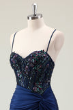 Sparkly Dark Navy Mermaid Sequins Spaghetti Straps Prom Dress with Slit