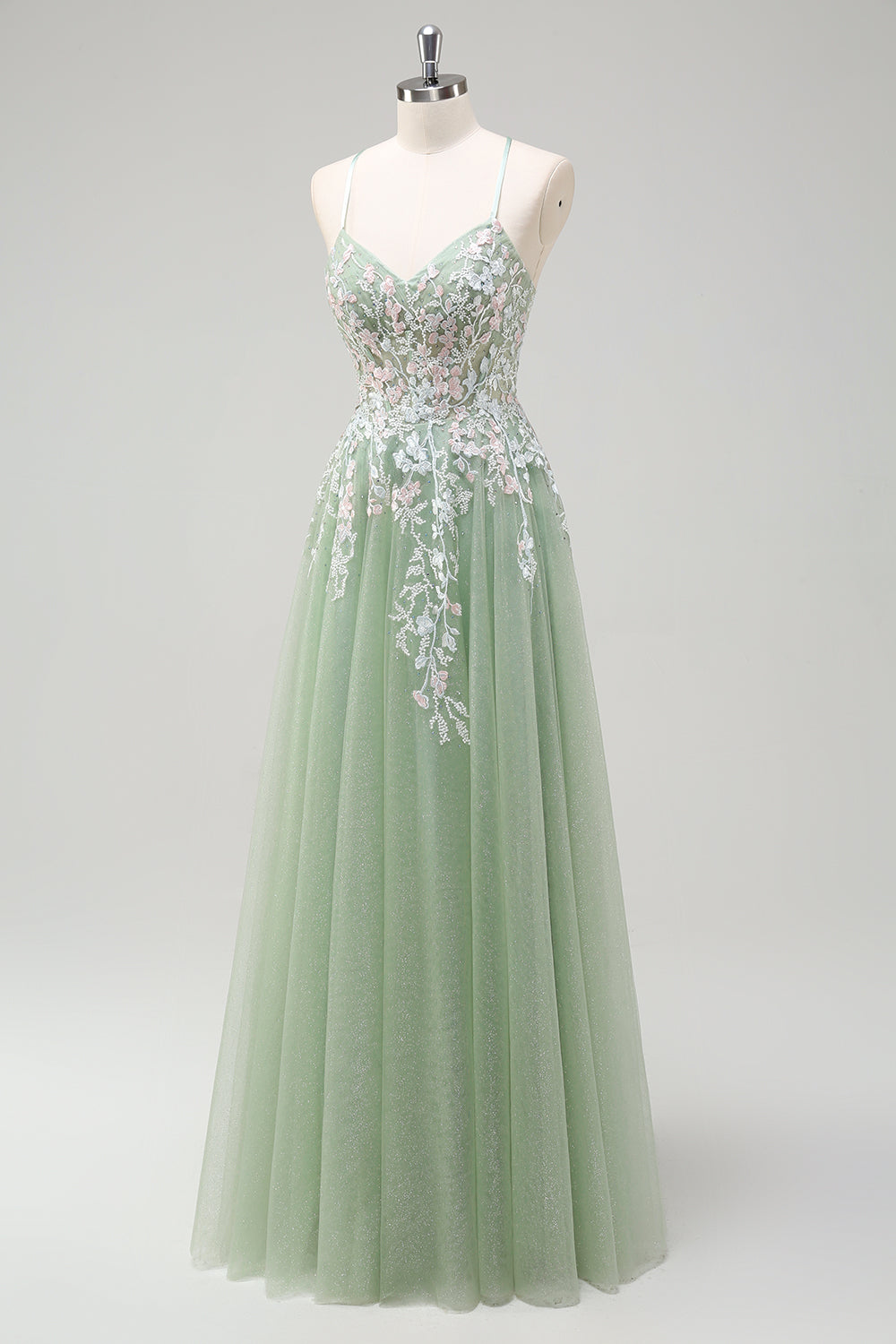 Sage A-Line Spaghetti Straps Tulle Long Prom Dress with Appliques