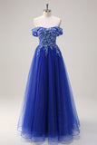 Sparkly Royal Blue Tulle A-Line Off the Shoulder Appliqued Long Prom Dress with Beading