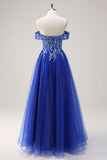 Sparkly Royal Blue Tulle A-Line Off the Shoulder Appliqued Long Prom Dress with Beading