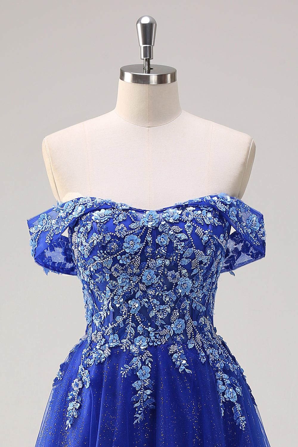 Sparkly Royal Blue Tulle A-Line Off the Shoulder Appliqued Long Prom Dress with Beading