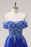 Sparkly Royal Blue Tulle A-Line Off the Shoulder Appliqued Long Prom Dress with Beading