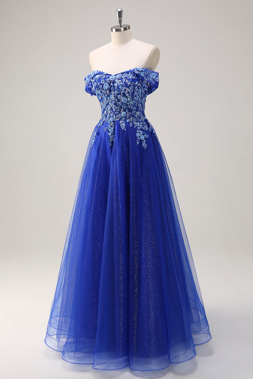 Sparkly Royal Blue Tulle A-Line Off the Shoulder Appliqued Long Prom Dress with Beading