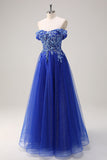 Sparkly Royal Blue Tulle A-Line Off the Shoulder Appliqued Long Prom Dress with Beading