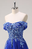 Sparkly Royal Blue Tulle A-Line Off the Shoulder Appliqued Long Prom Dress with Beading