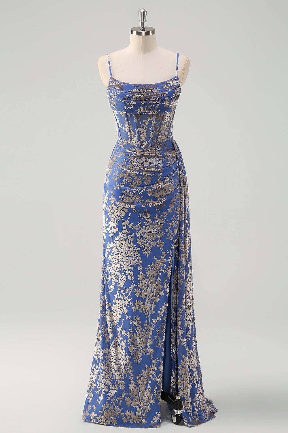 Blue Floral Mermaid Spaghetti Straps Corset Burnout Velvet Dress with Slit