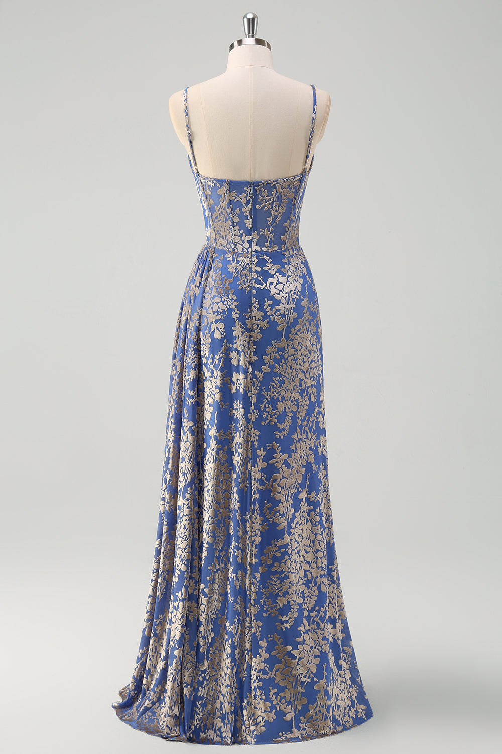 Blue Burnout Floral Corset Prom Dress with Slit