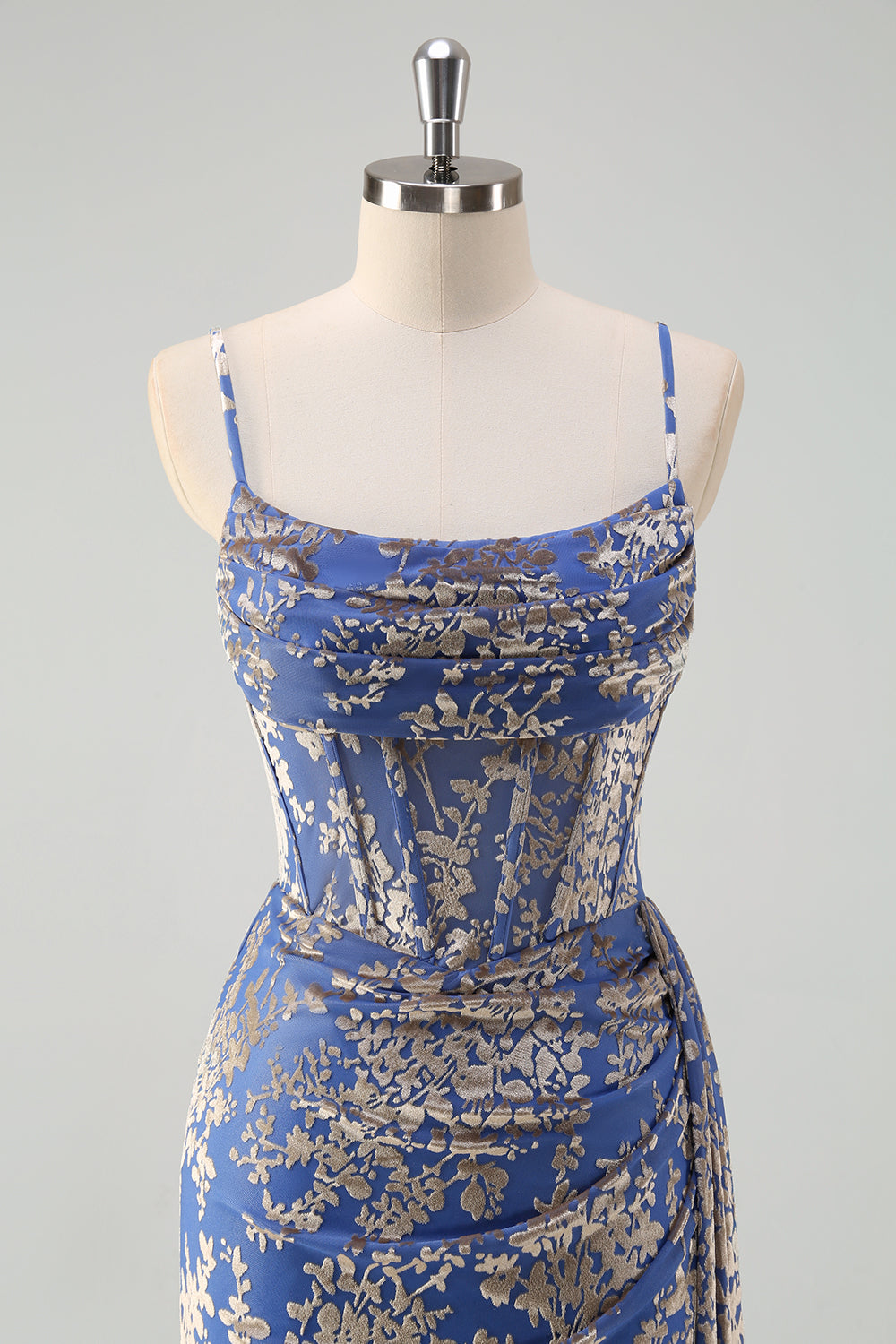 Blue Floral Mermaid Spaghetti Straps Corset Burnout Velvet Dress with Slit