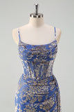 Blue Floral Mermaid Spaghetti Straps Corset Burnout Velvet Dress with Slit