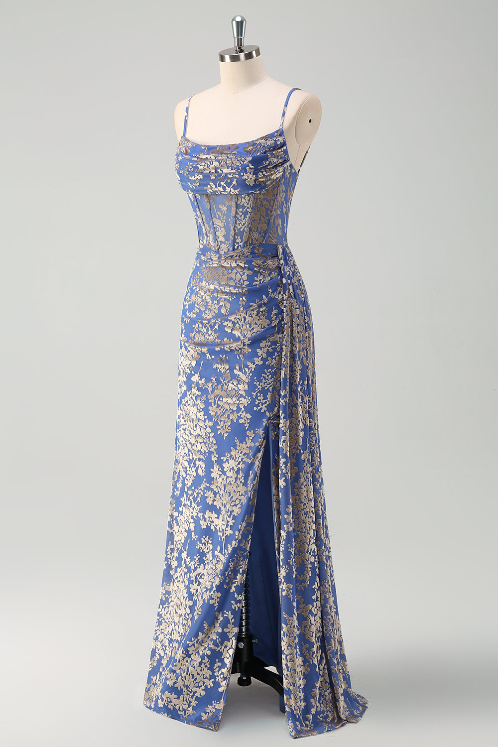 Blue Floral Mermaid Spaghetti Straps Corset Burnout Velvet Dress with Slit