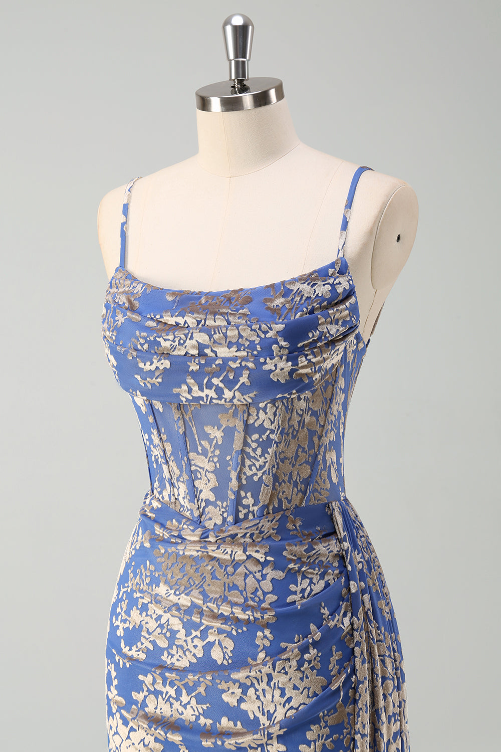 Blue Mermaid Corset Burnout Velvet Bridesmaid Dress with Watteau Train