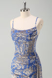 Blue Floral Mermaid Spaghetti Straps Corset Burnout Velvet Dress with Slit