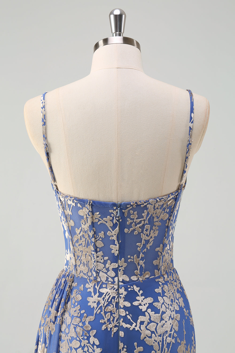 Blue Floral Mermaid Spaghetti Straps Corset Burnout Velvet Dress with Slit